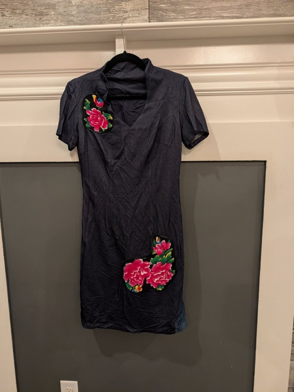 New Blue Qipao Dress with Peony Panels Size S
